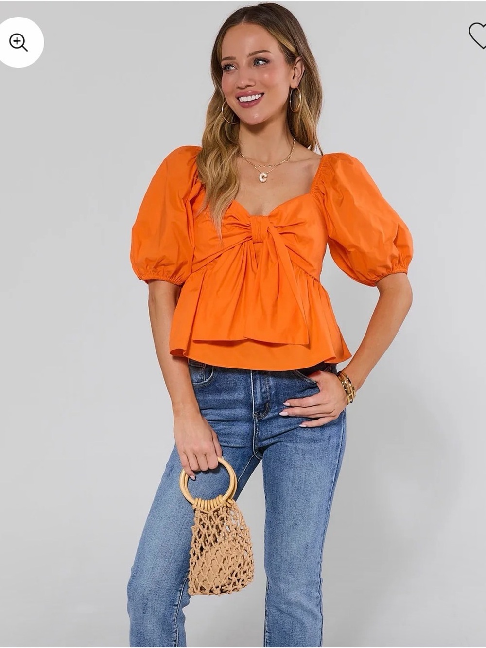 Tie-Front Puff Sleeve Peplum Blouse in Bright Orange